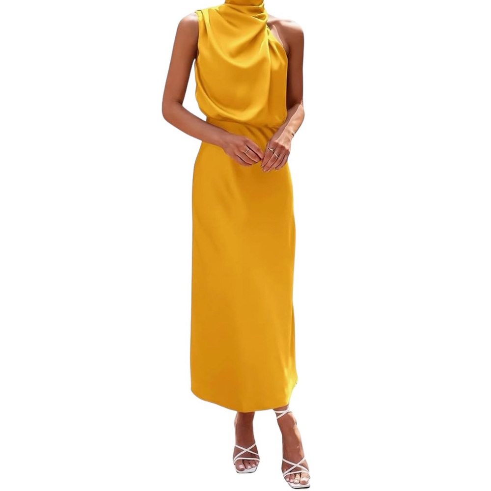 Yellow Summer wedding guest 
 sexy sleeveless dress elegant mock neck cocktail